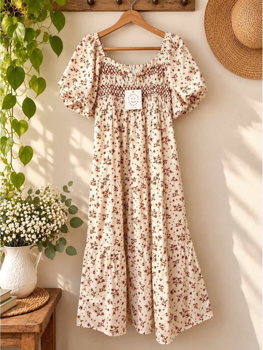 Baevely Floral Smocked Puff Sleeve Midi Dress Size Medium NWT